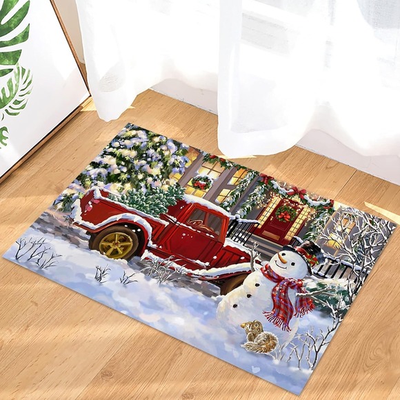 Winter Red Truck With Xmas Tree Christmas Snowman Door Mat - Picture 1 of 4